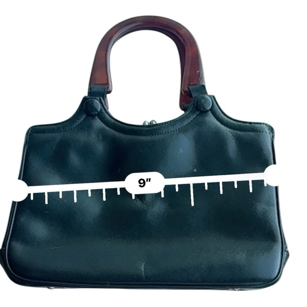 Vintage Dofan Black Leather Kiss Lock Purse‎ Tortoiseshell Lucite Top Handle Bag